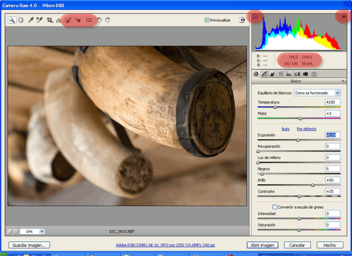 P�gina principal de Camera RAW 4.0